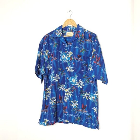 Aloha Joe Vintage Blue Hawaiian Print Short Sleeve Y2K Button-Down Casual Shirt - Picture 12 of 16